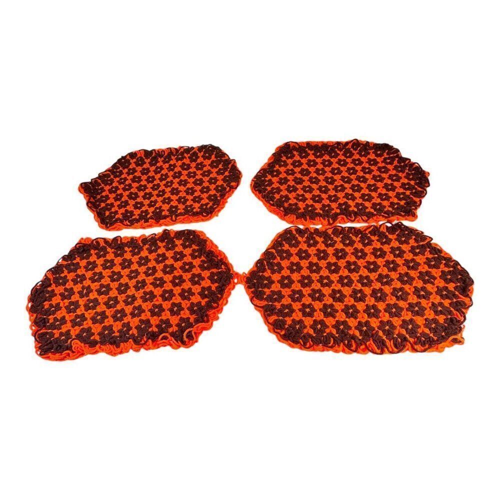 Handmade Hexagon MCM Retro Crochet Placemat Set Of 4 Orange & Brown 17” X 12”
